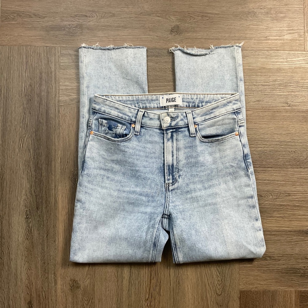 PAIGE Cindy Crop High Rise Straight Leg Raw Hem Jeans Womens 27 Light Blue Boho